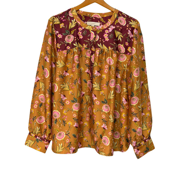 LOFT Tops - Loft Sz XXL Dressy Blouse Contrast Yoke Bronze & Burgundy Floral Satin Office